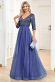 Black A-Line V Neck Short Sleeves Sequins Ball Dress