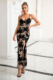 Sheath Spaghetti Straps Black Long Prom Dress with Slit