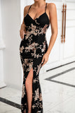 Sheath Spaghetti Straps Black Long Prom Dress with Slit