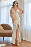 White Mermaid Sequins Ball Dress with Slit