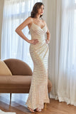 Apricot Mermaid Sequins Ball Dress with Slit