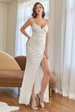White Mermaid Sequins Ball Dress with Slit