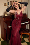 Red Mermaid Sequins V-neck Long 1920s Dress