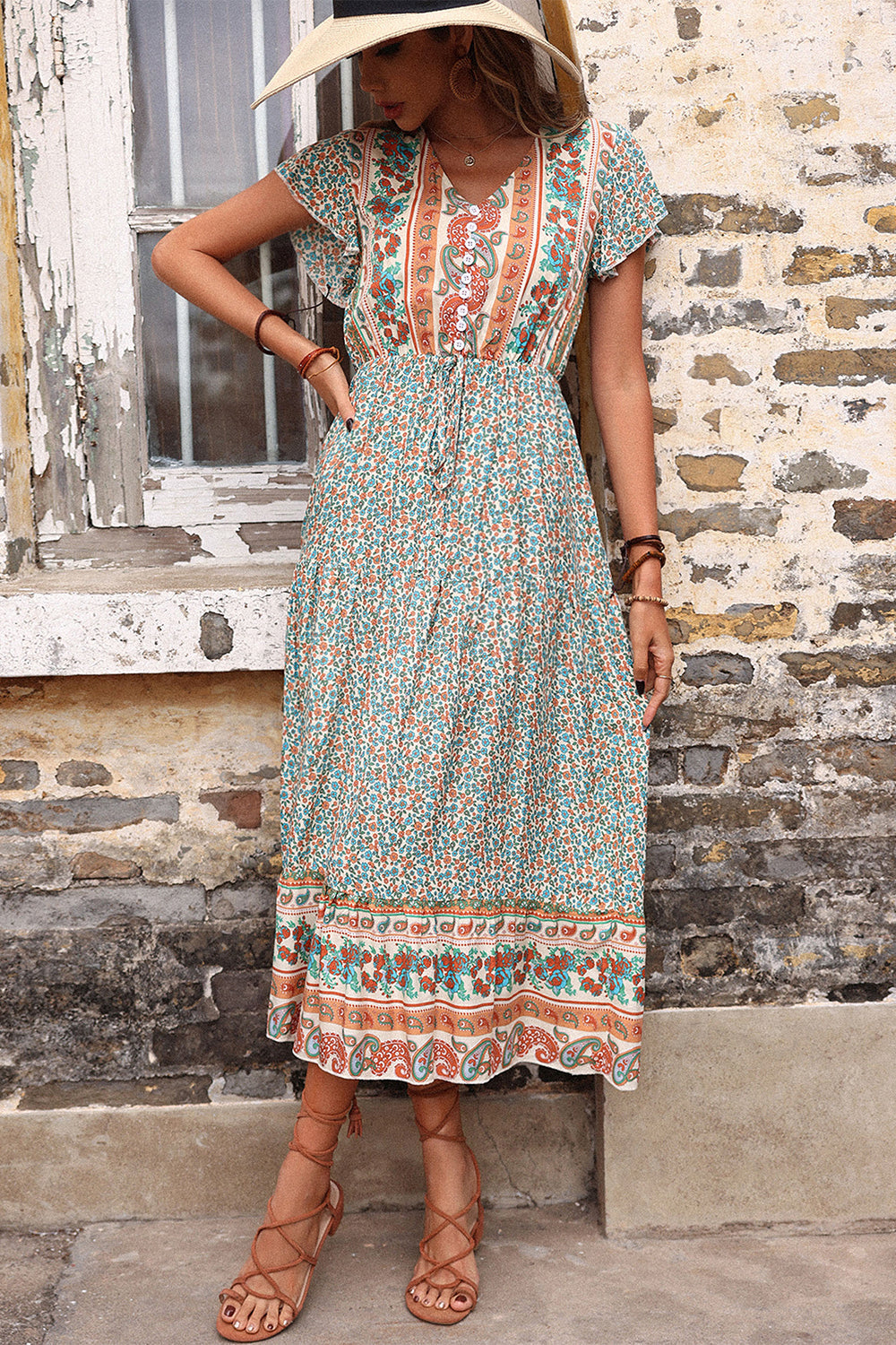 V Neck Green Printed Summer Dress