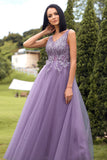 A-Line V-Neck Purple Long Ball Dress with Appliques