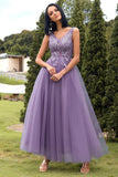 A-Line V-Neck Purple Long Ball Dress with Appliques