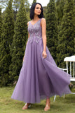 A-Line V-Neck Purple Long Ball Dress with Appliques