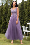 A-Line V-Neck Purple Long Ball Dress with Appliques