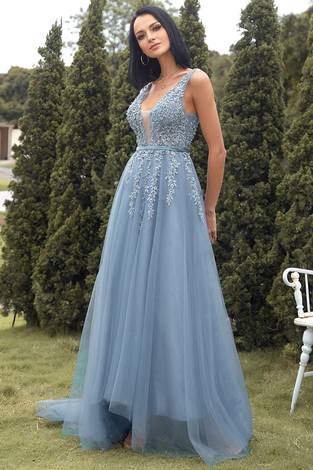 A-Line Long Blue Ball Dress with Appliques