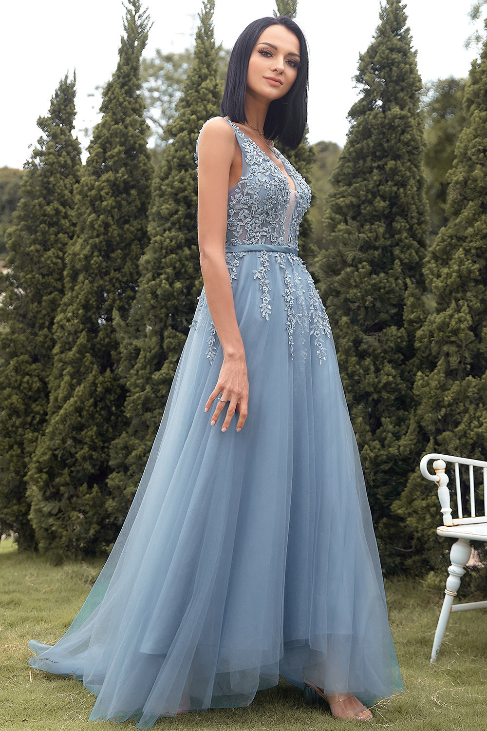 A-Line Long Blue Ball Dress with Appliques
