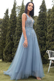A-Line Long Blue Ball Dress with Appliques