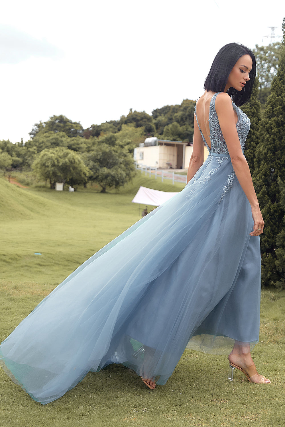 A-Line Long Blue Ball Dress with Appliques