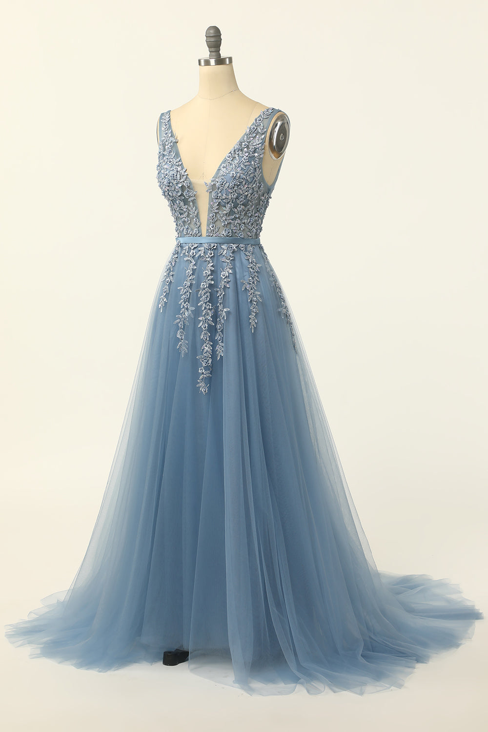 Dusty Blue Tulle Appliqued Ball Dress