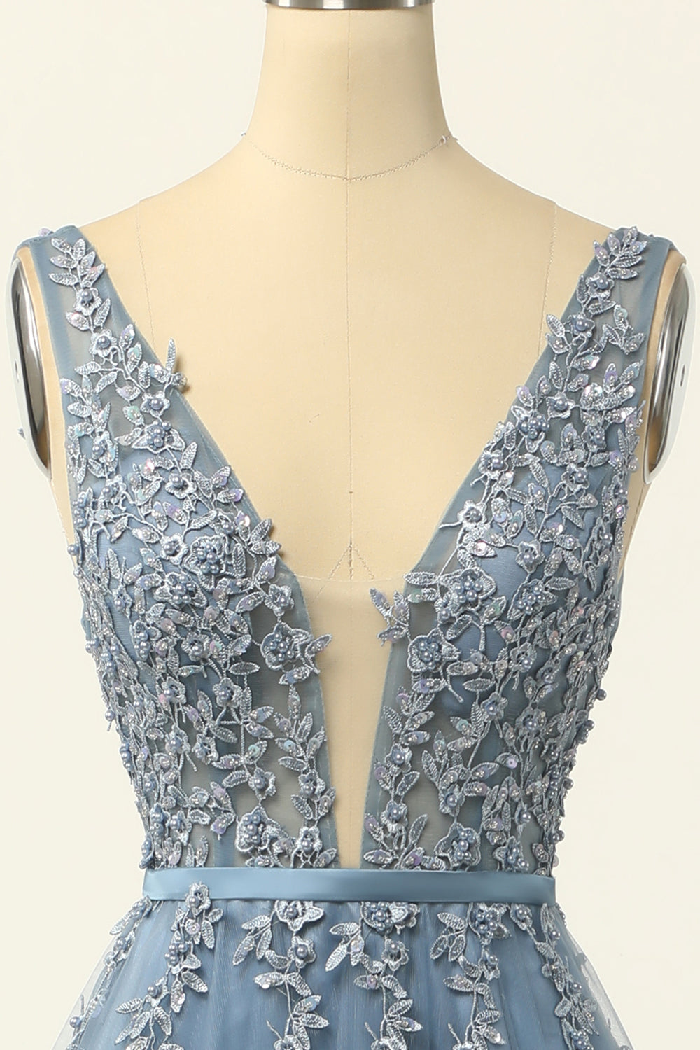 Dusty Blue Tulle Appliqued Ball Dress