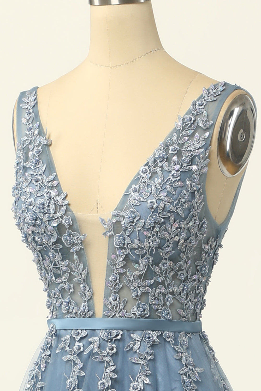Dusty Blue Tulle Appliqued Ball Dress