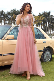 A-Line V-Neck Blush Long Ball Dress with Appliques