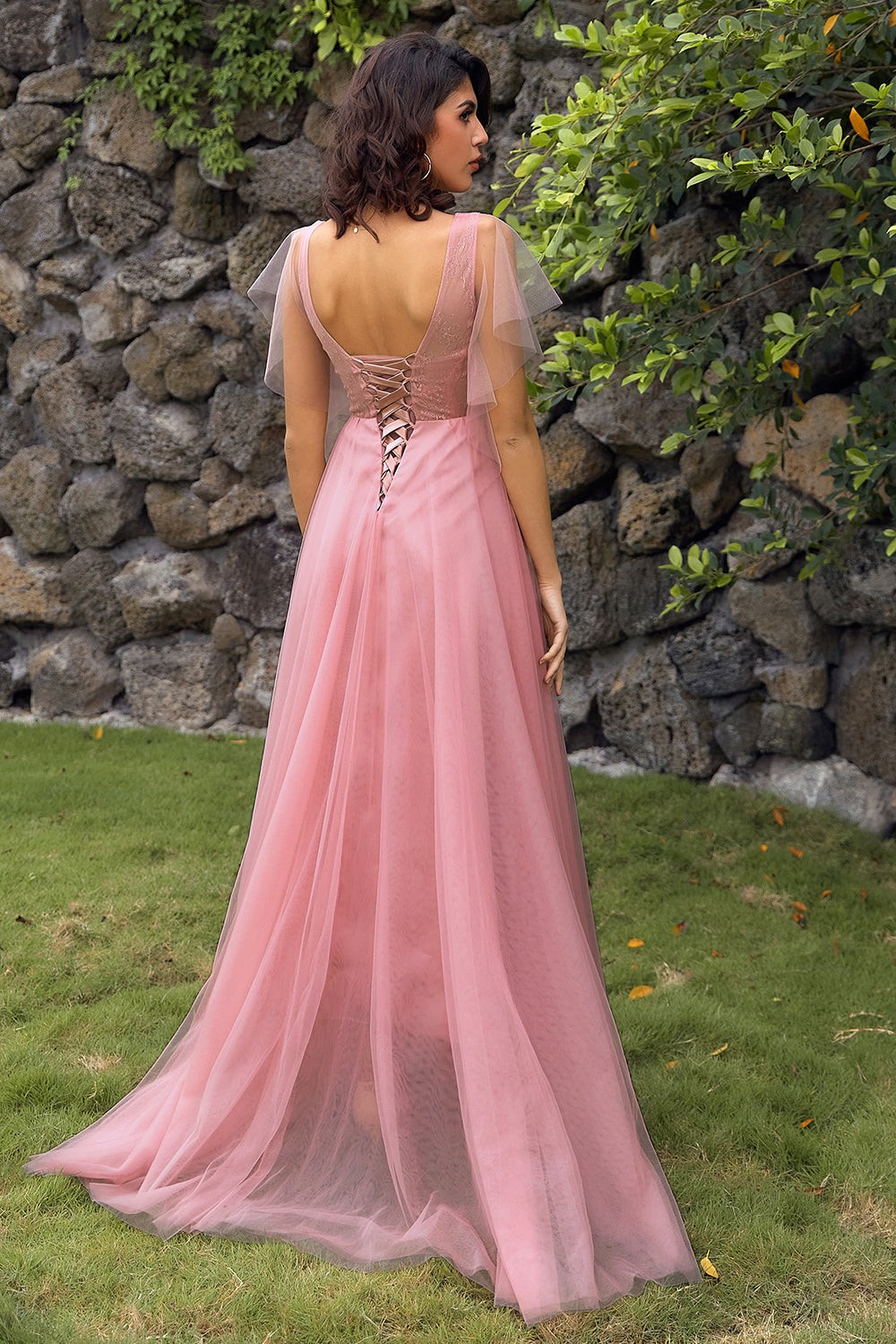 A-Line V-Neck Blush Long Ball Dress with Appliques
