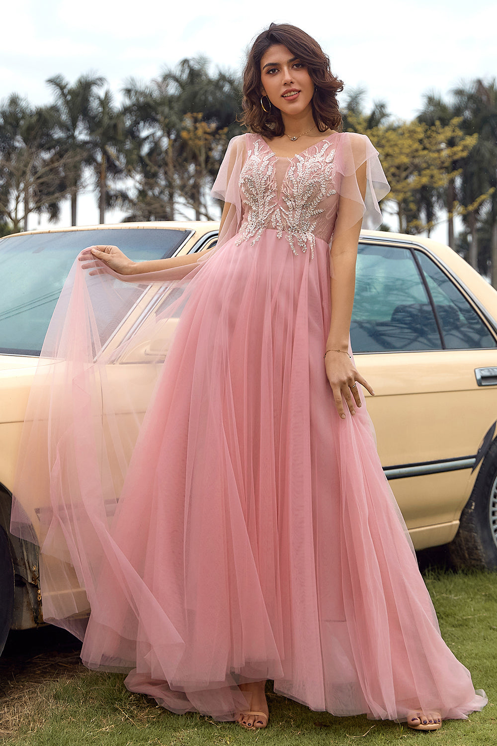 A-Line V-Neck Blush Long Ball Dress with Appliques
