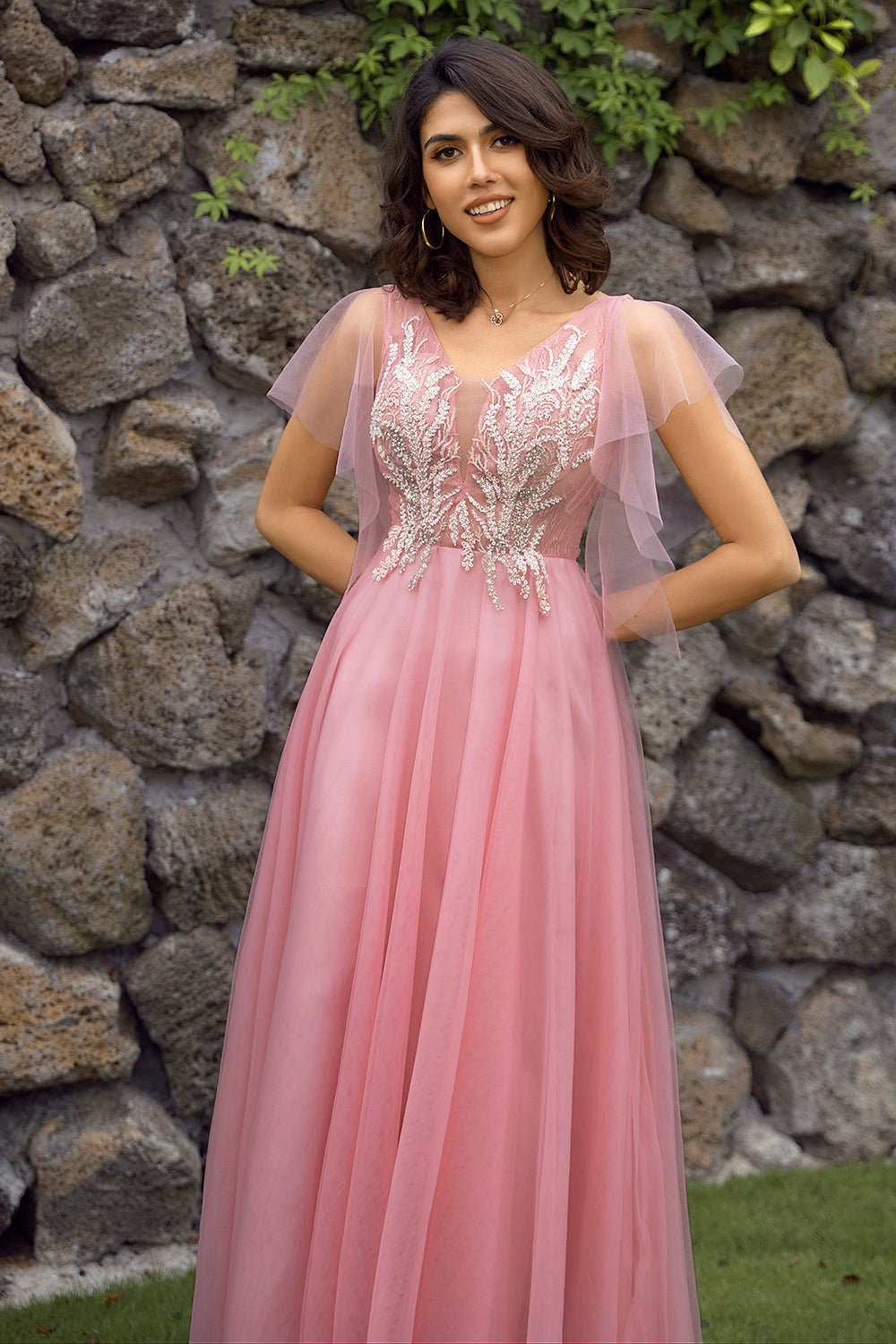 A-Line V-Neck Blush Long Ball Dress with Appliques