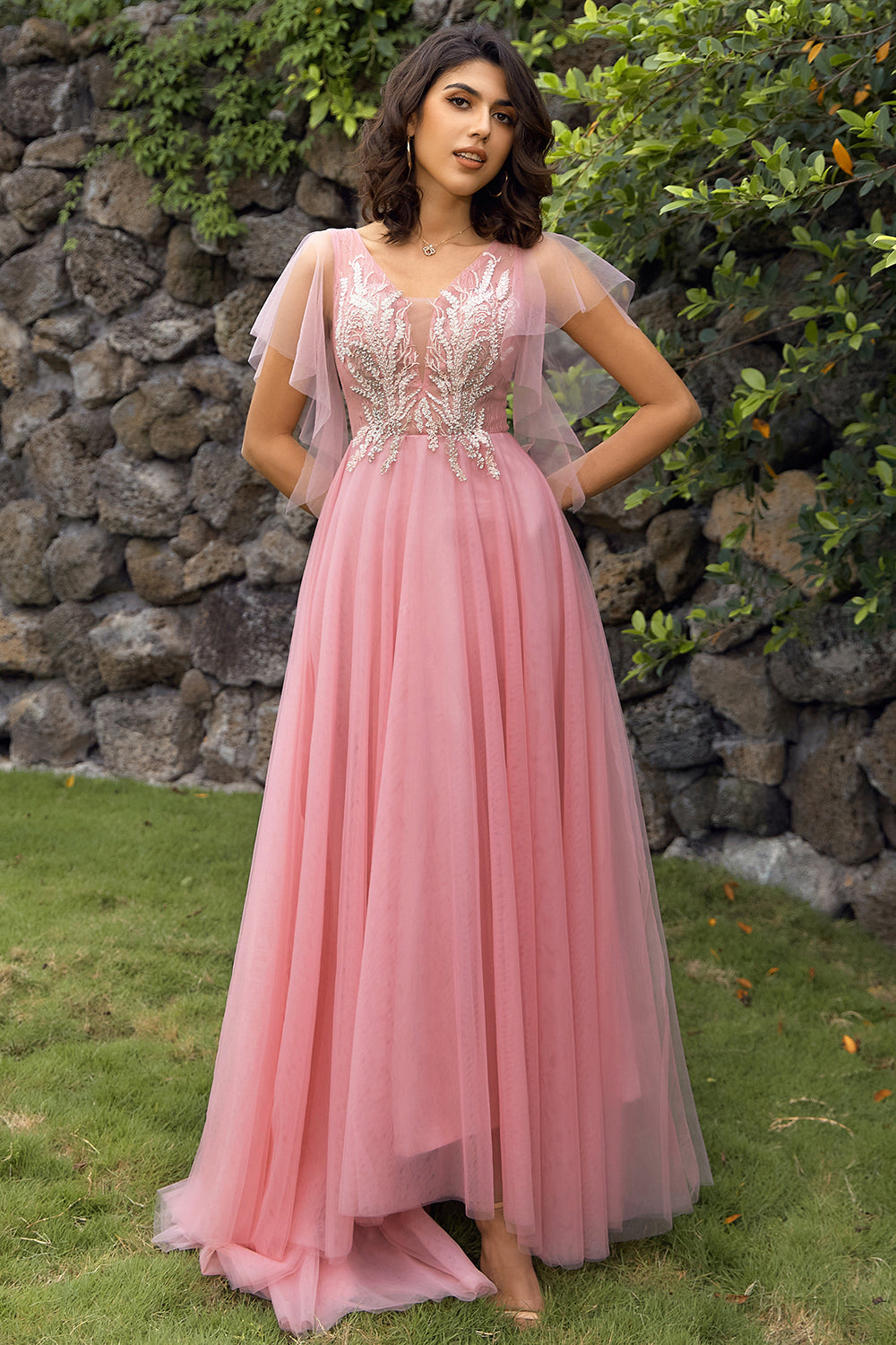 A-Line V-Neck Blush Long Ball Dress with Appliques