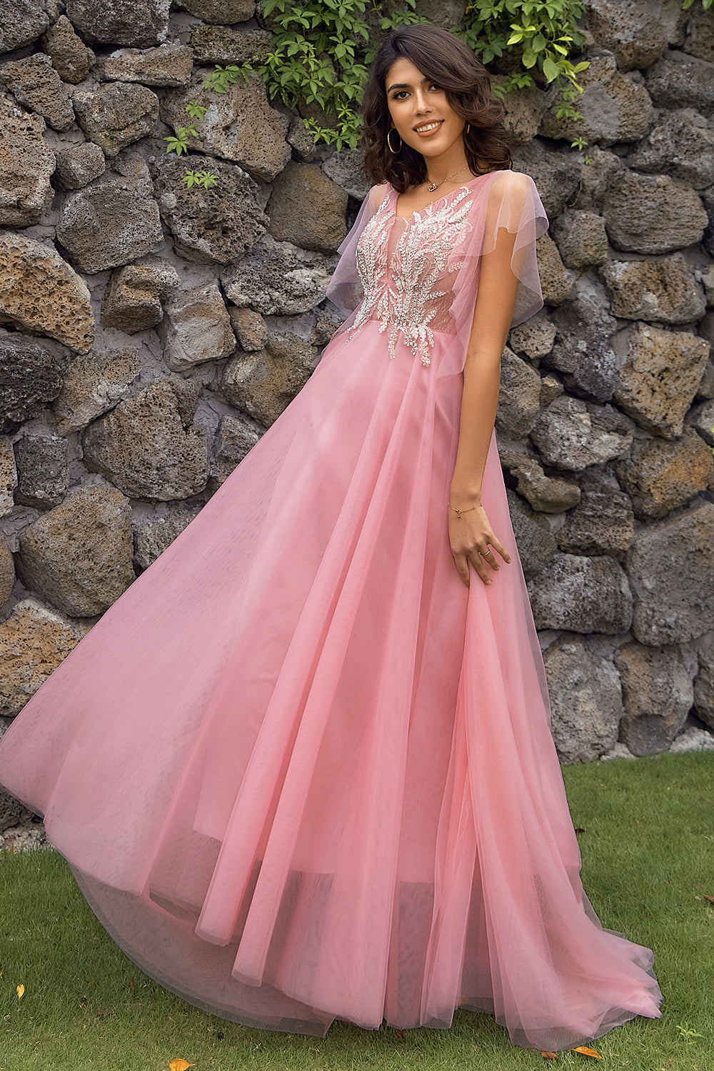 A-Line V-Neck Blush Long Ball Dress with Appliques