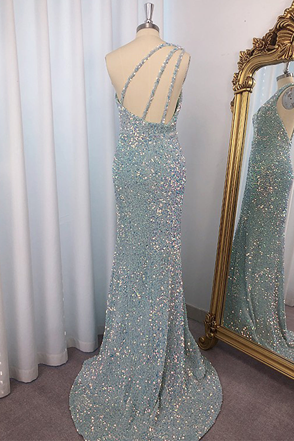 One-Shoulder Sequined Mermaid Blush Ball Dress