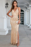 Champagne Spaghetti Straps Ball Dress with Slit