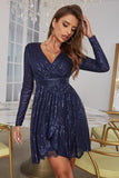 A Line V Neck Navy Sequins Short Cocktail Dress