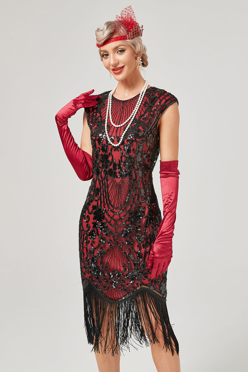 Green Round Neck Golden Embroidery 1920s Dress With Fringes