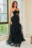 Strapless Black Corset Ball Dress with Slit