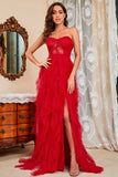 Strapless Black Corset Ball Dress with Slit