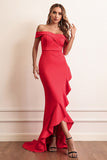 Red Sheath Off The Shoulder Ball Dress With Ruffles