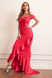 Red Sheath Off The Shoulder Ball Dress With Ruffles