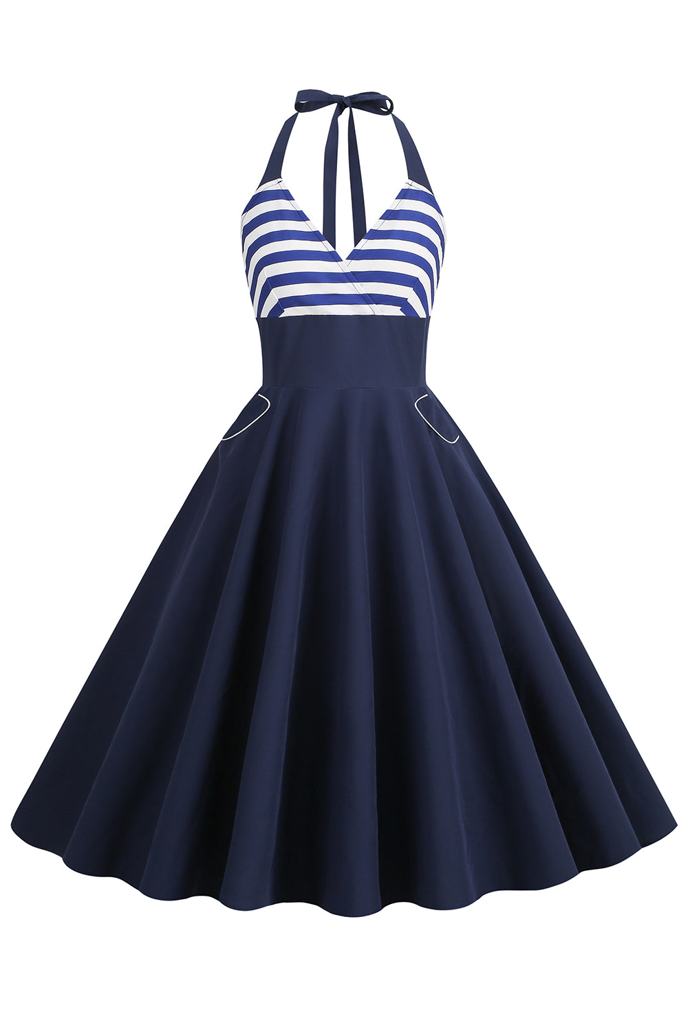 Halter Stripe Blue Swing Retro Dress With Pockets