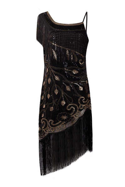 ZAPAKA Women Flapper Dress Black One Shoulder 1920s Dress with Fringes   ZAPAKA NZ