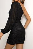 Sparkly One Shoulder Black Cocktail Dress