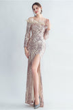 Sparkly Off The Shoulder Sequins Golden Ball Dress with Feathers
