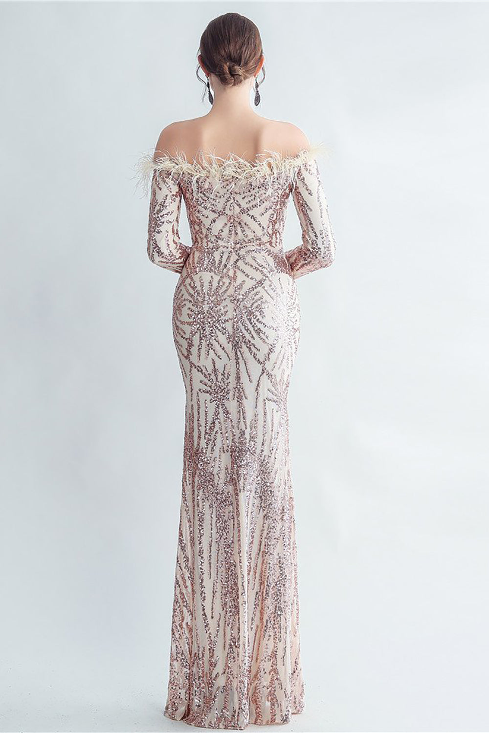 Sparkly Off The Shoulder Sequins Golden Ball Dress with Feathers