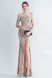 Sparkly Off The Shoulder Sequins Golden Ball Dress with Feathers