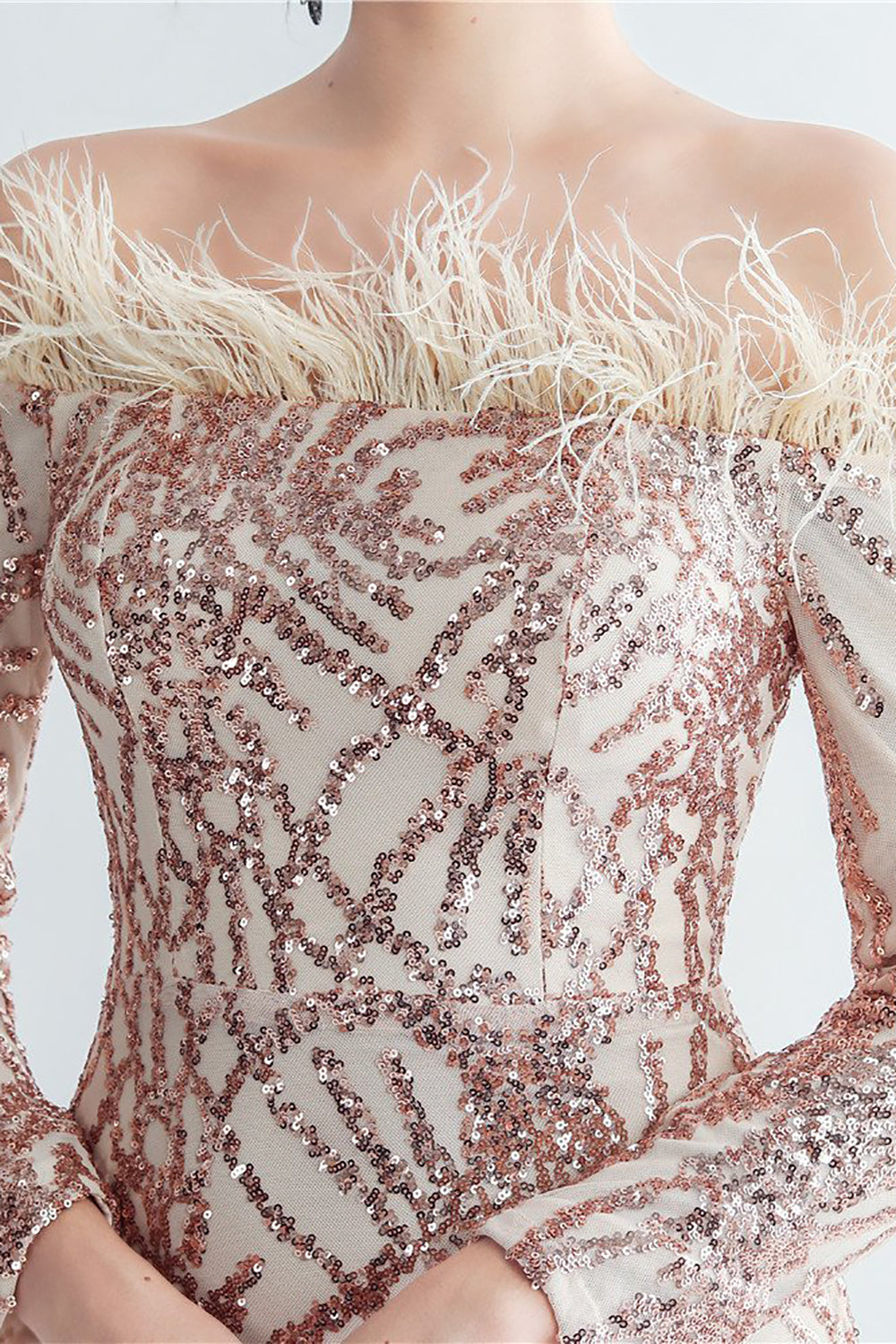Sparkly Off The Shoulder Sequins Golden Ball Dress with Feathers