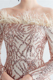 Sparkly Off The Shoulder Sequins Golden Ball Dress with Feathers