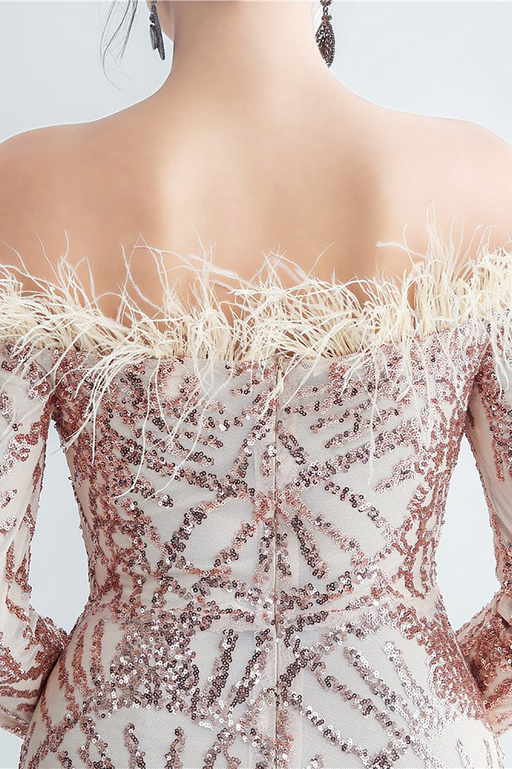 Sparkly Off The Shoulder Sequins Golden Ball Dress with Feathers