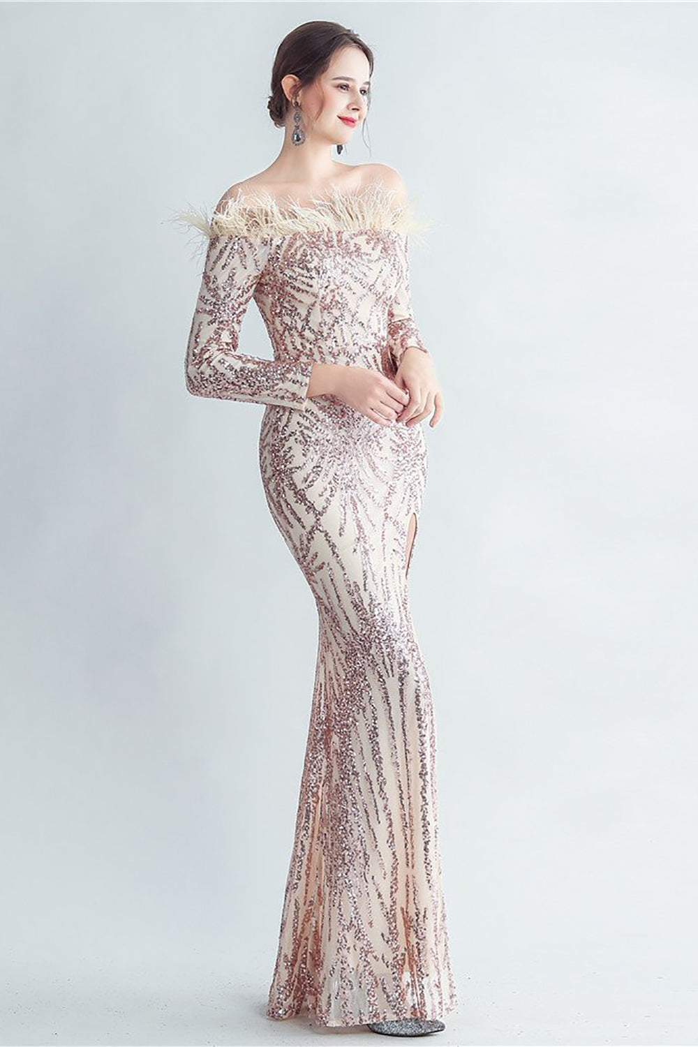 Sparkly Off The Shoulder Sequins Golden Ball Dress with Feathers