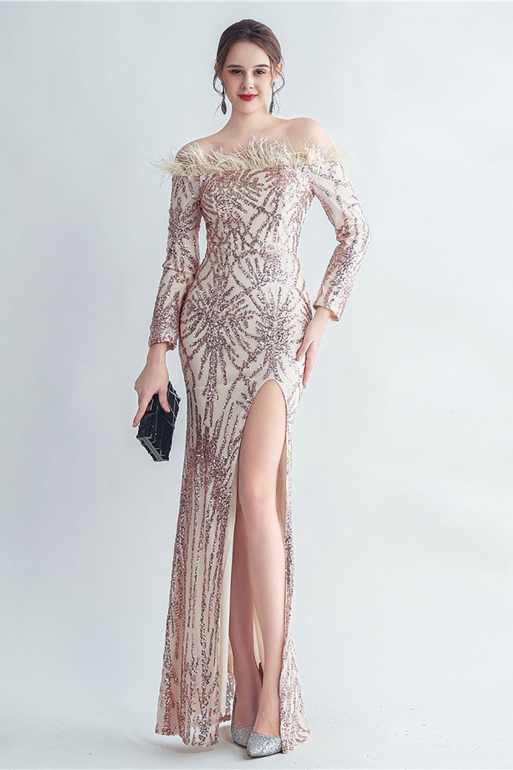 Sparkly Off The Shoulder Sequins Golden Ball Dress with Feathers