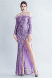 Sparkly Off The Shoulder Sequins Golden Ball Dress with Feathers