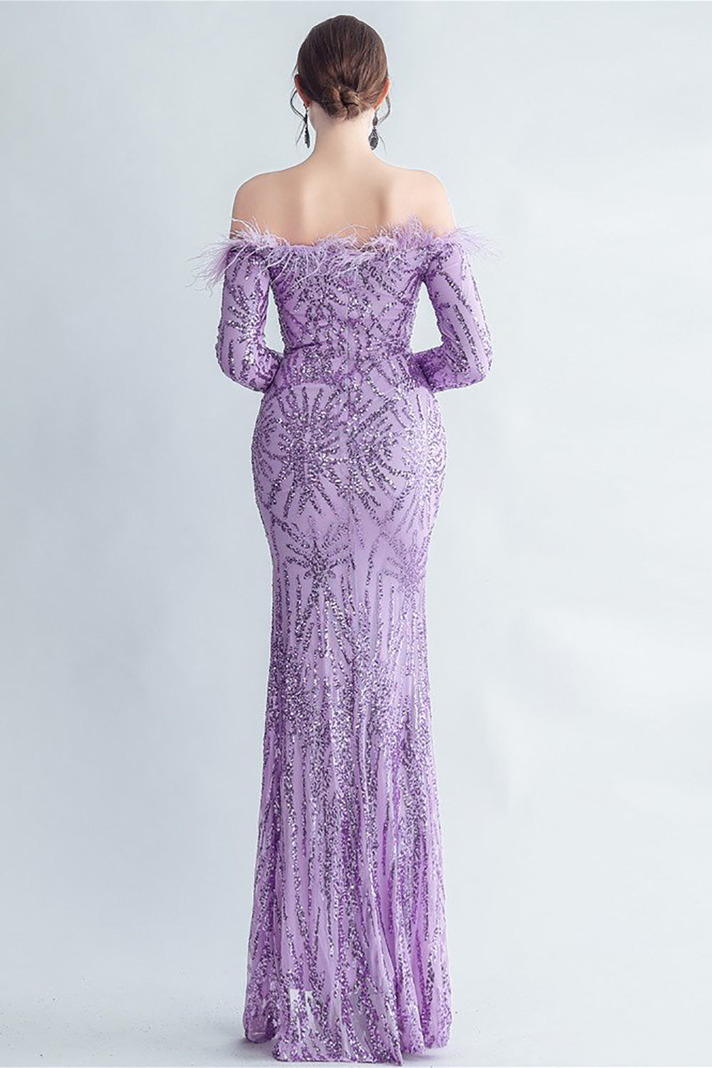 Sparkly Off The Shoulder Sequins Golden Ball Dress with Feathers