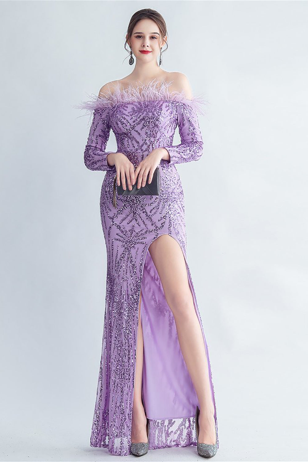 Sparkly Off The Shoulder Sequins Golden Ball Dress with Feathers