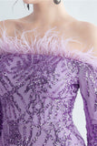 Sparkly Off The Shoulder Sequins Golden Ball Dress with Feathers