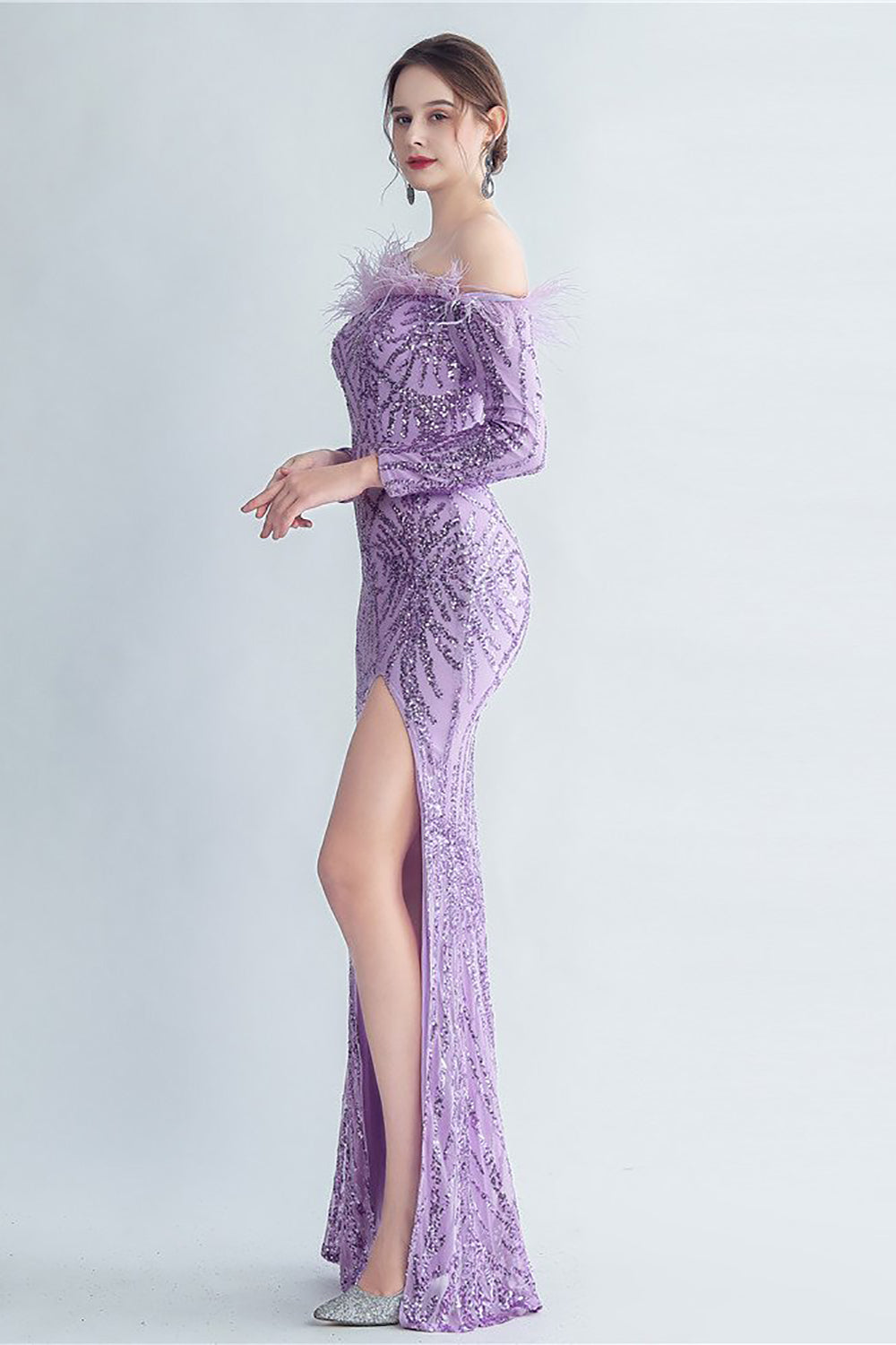 Sparkly Off The Shoulder Sequins Golden Ball Dress with Feathers