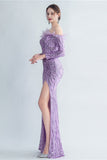 Sparkly Off The Shoulder Sequins Golden Ball Dress with Feathers